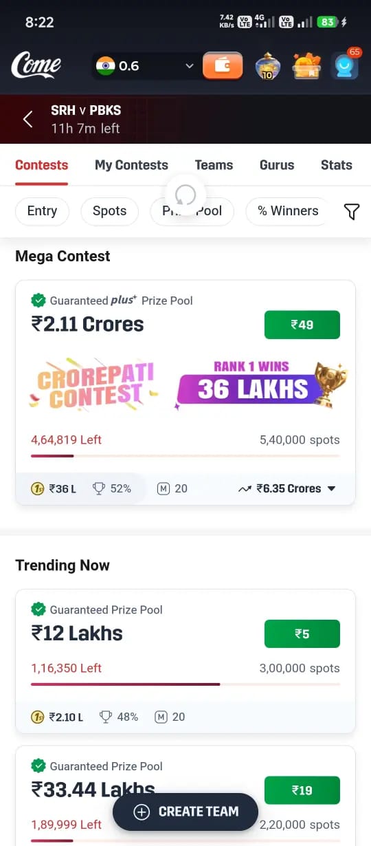 SRH vs PBKS Dream11 contest list showing Mega Contest with ₹2.11 Crores prize pool and Crorepati Contest for IPL 2026 Match 49