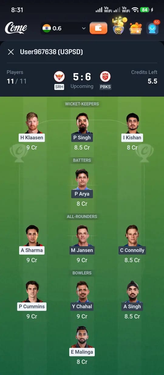 SRH vs PBKS Dream11 team prediction with H Klaasen, P Singh, I Kishan as wicketkeepers, P Arya as batter, A Sharma, M Jansen, C Connolly as all-rounders, and P Cummins, Y Chahal, A Singh, E Malinga as bowlers for IPL 2026 Match 49